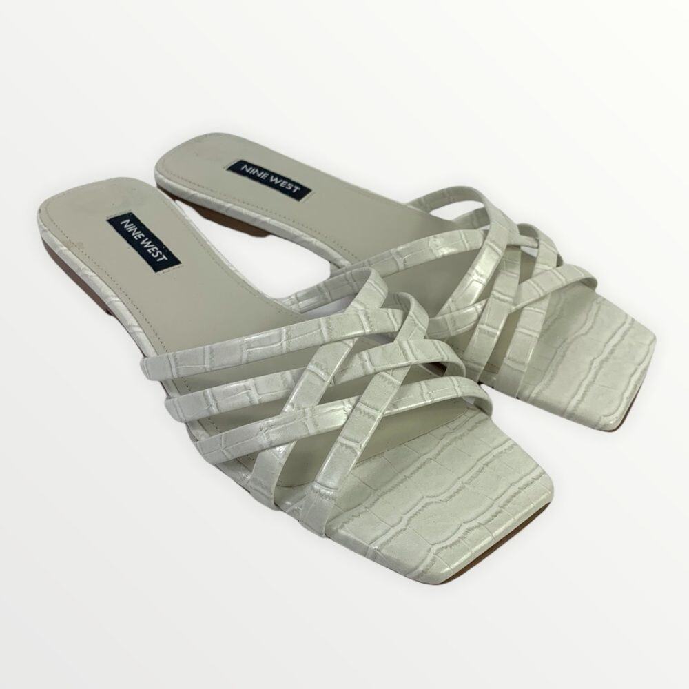 Nine West Halen Flat Square Toe Croc Embossed Slide Sandals Size 8